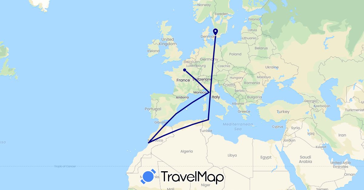TravelMap itinerary: driving in Denmark, Spain, France, Italy, Morocco, Tunisia (Africa, Europe)